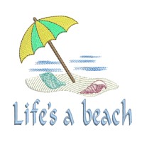 life's a beach lettering with beach, umbrellla and shells free machine embroidery design download from npe needlepassion needle passion embroidery